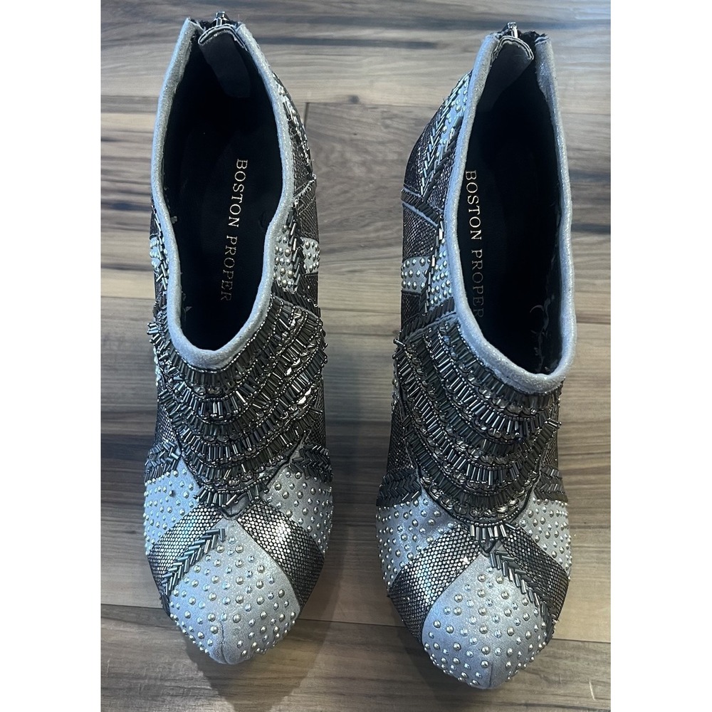 Boston Proper Beaded Studded Ankle Booties Silver Heels 8 Read